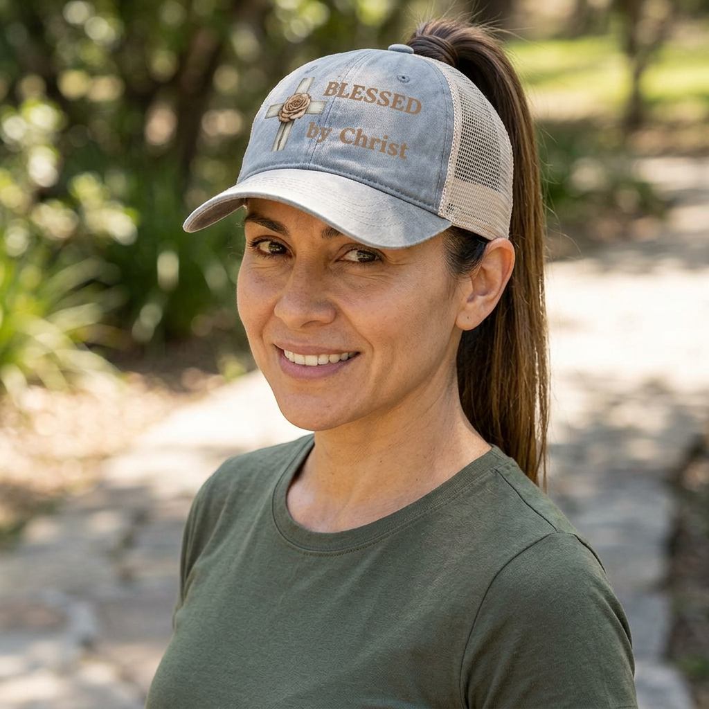 Blessed by Christ with Cross -Women's Washed Mesh-Back Cap