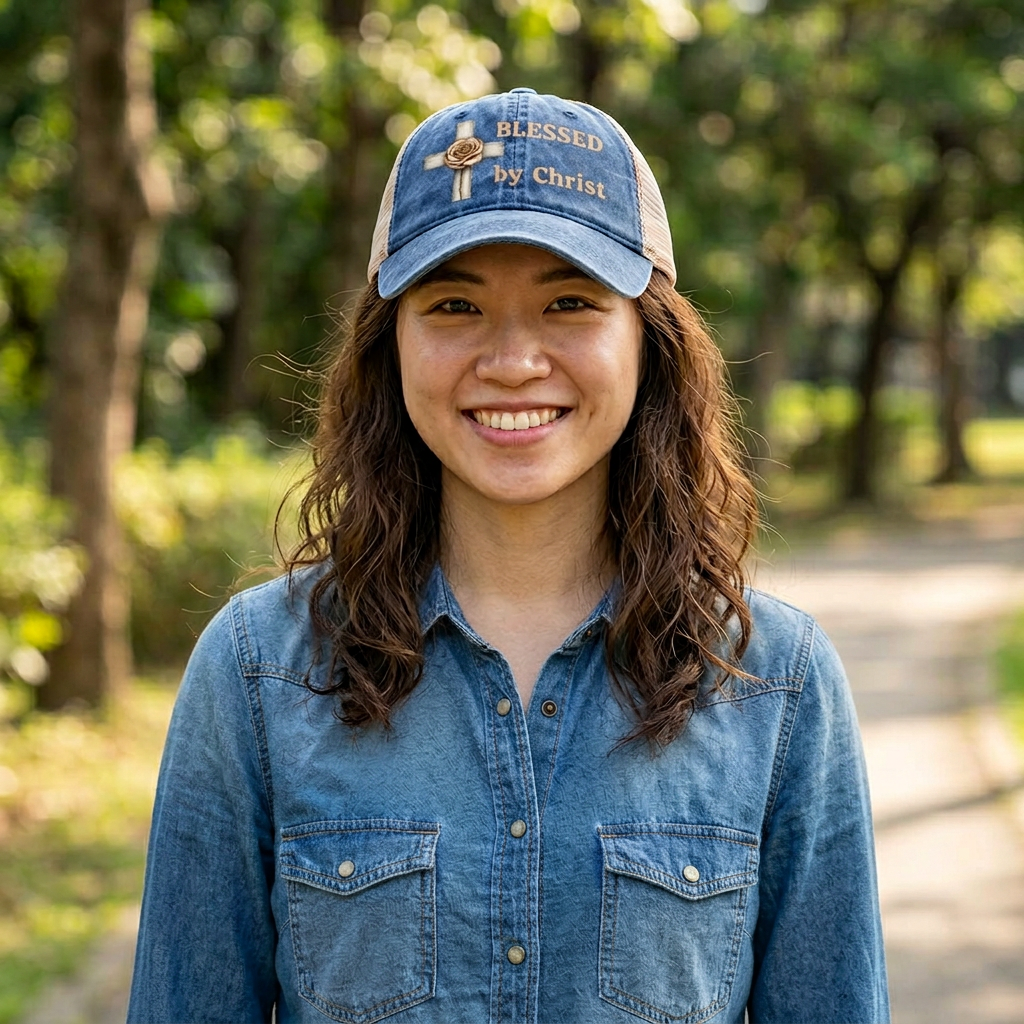 Blessed by Christ with Cross -Women's Washed Mesh-Back Cap