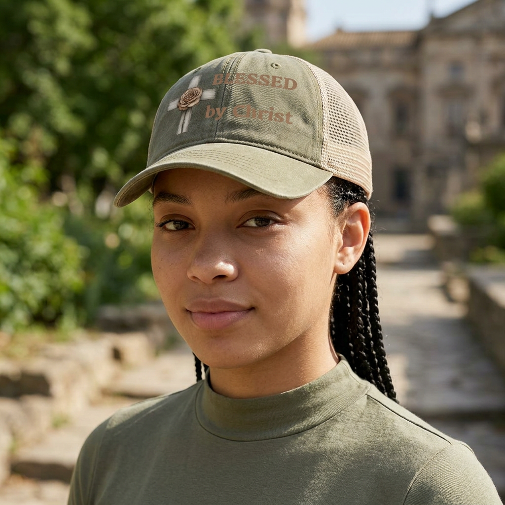 Blessed by Christ with Cross -Women's Washed Mesh-Back Cap