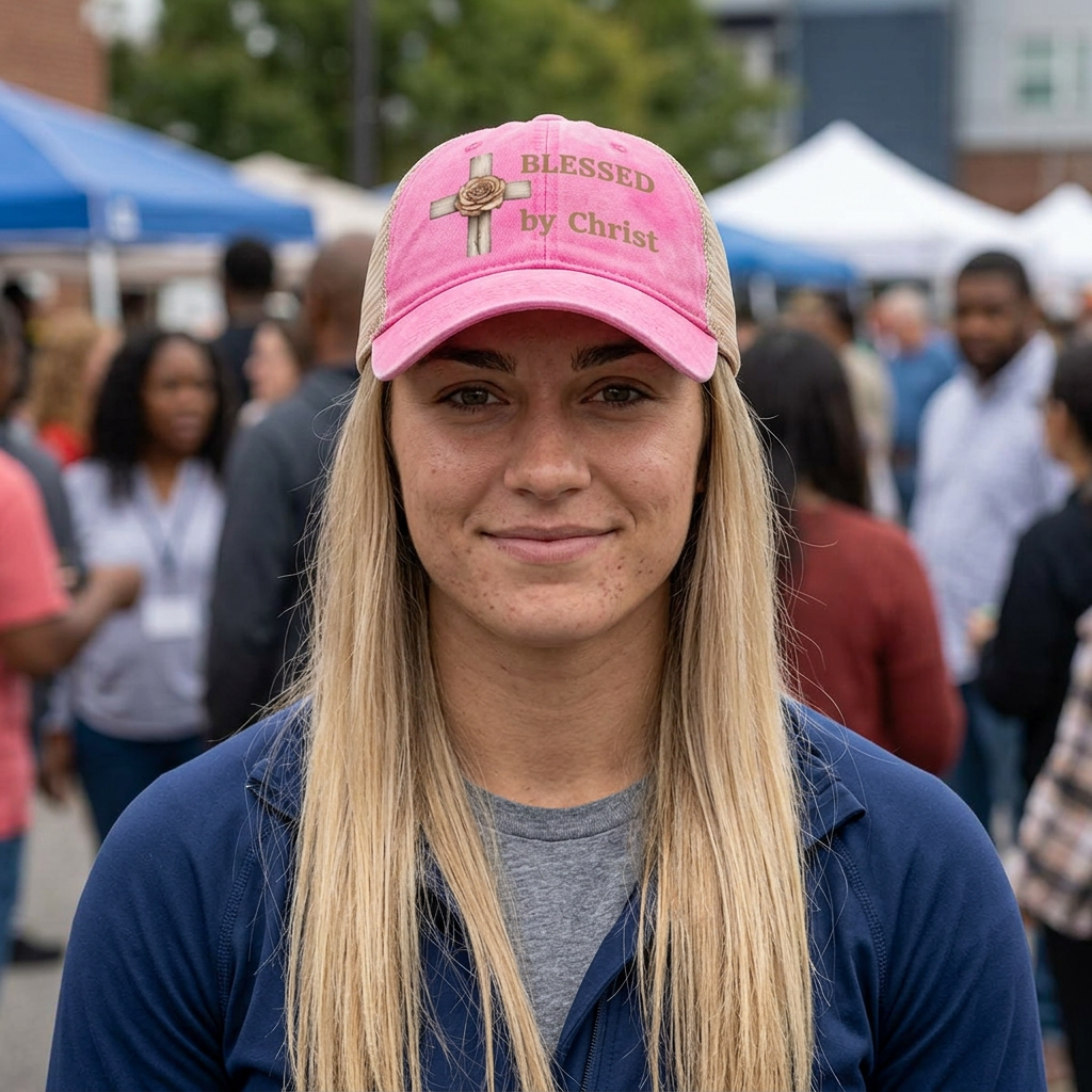 Blessed by Christ with Cross -Women's Washed Mesh-Back Cap