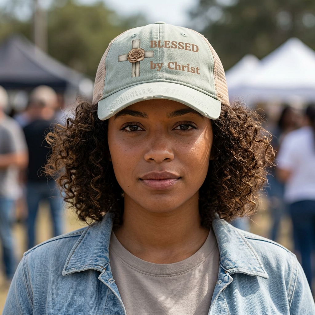 Blessed by Christ with Cross -Women's Washed Mesh-Back Cap