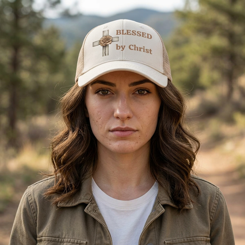 Blessed by Christ with Cross -Women's Washed Mesh-Back Cap