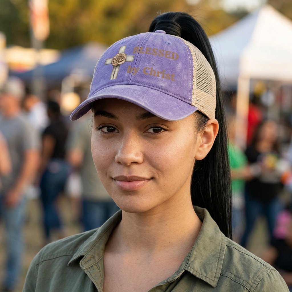 Blessed by Christ with Cross -Women's Washed Mesh-Back Cap