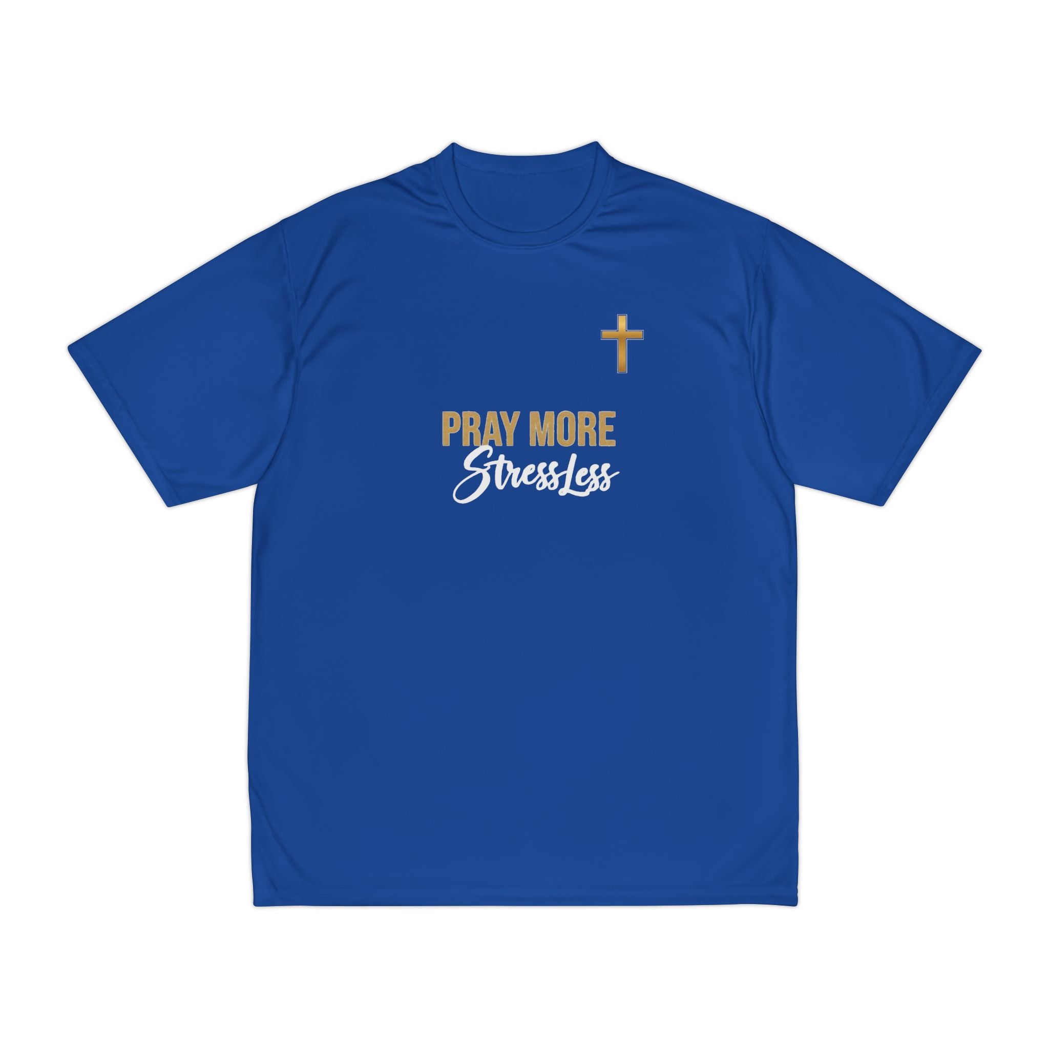 Pray More Stress Less T‑Shirt — Men’s Faith Graphic Tee with Gold Cross