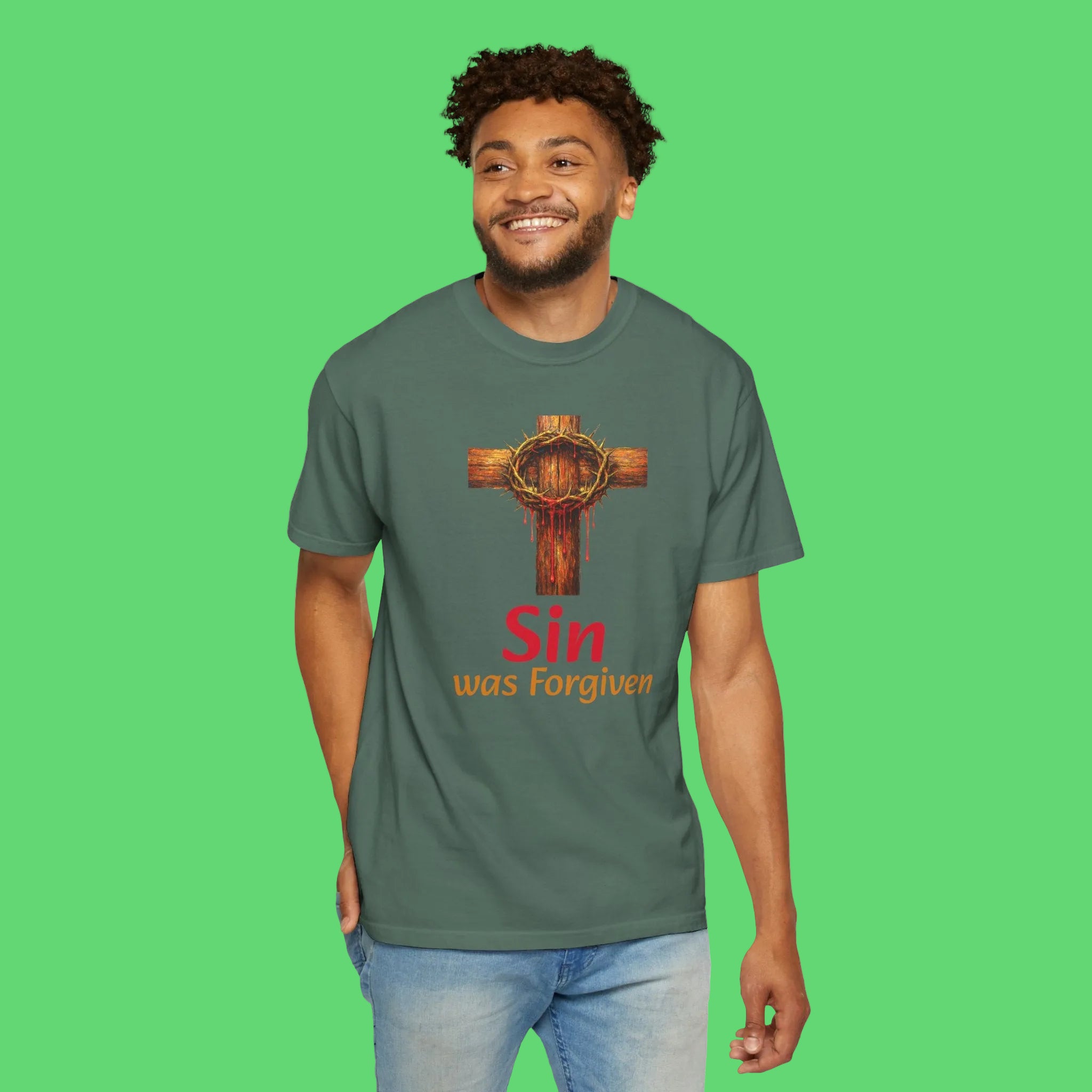 Christian Cross T-Shirt — "Sin Was Forgiven" Religious Faith Tee