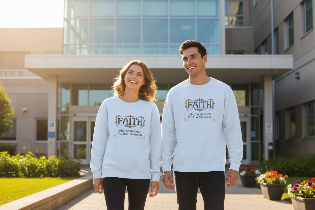 Faith Inspirational Crewneck Sweatshirt — "Faith Gets Me Through All the Darkness"