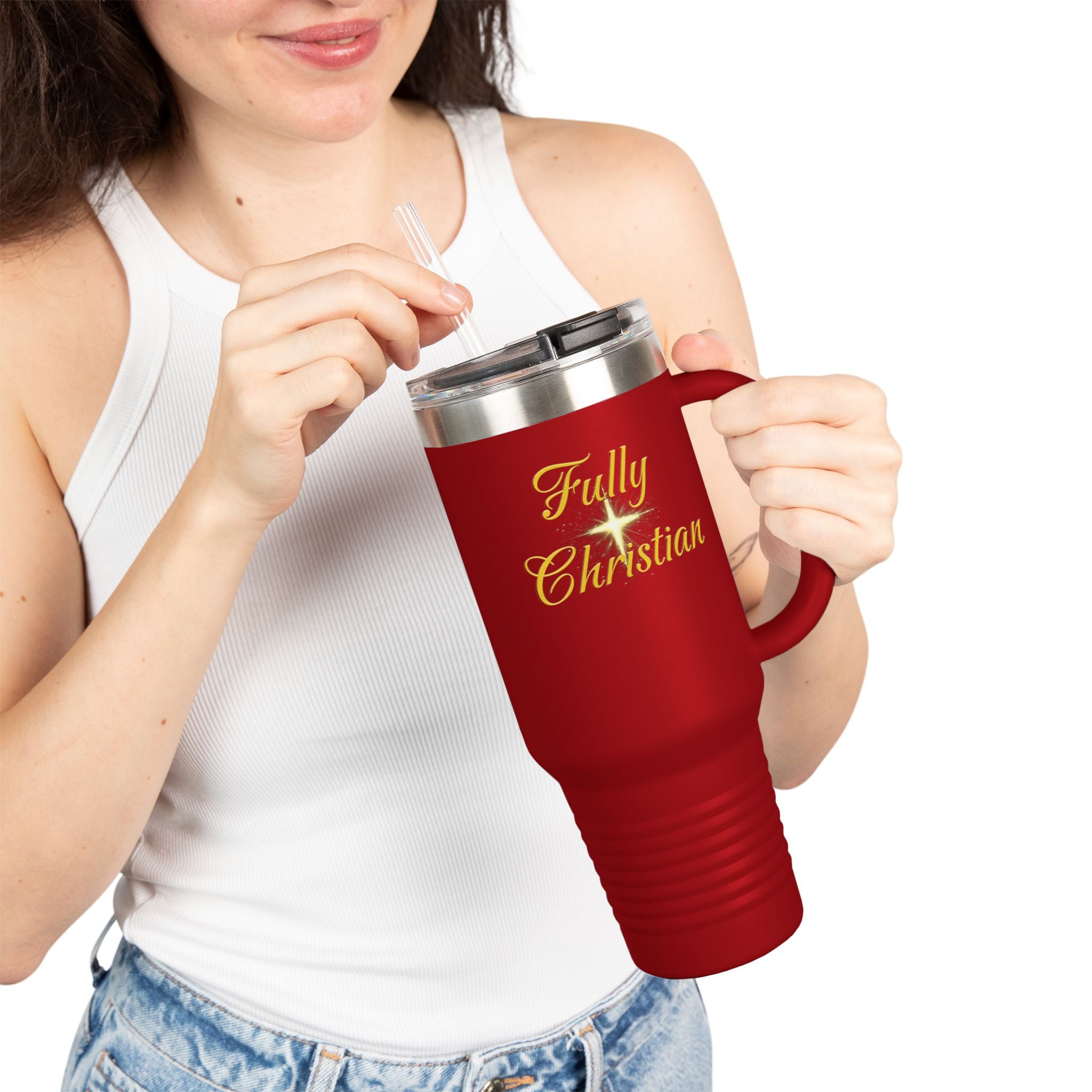 Fully Christian 40oz Insulated Travel Mug – Large Red Tumbler with Handle & Straw