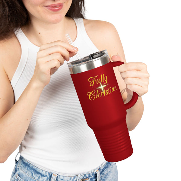 Fully Christian 40oz Insulated Travel Mug – Large Red Tumbler with Handle & Straw