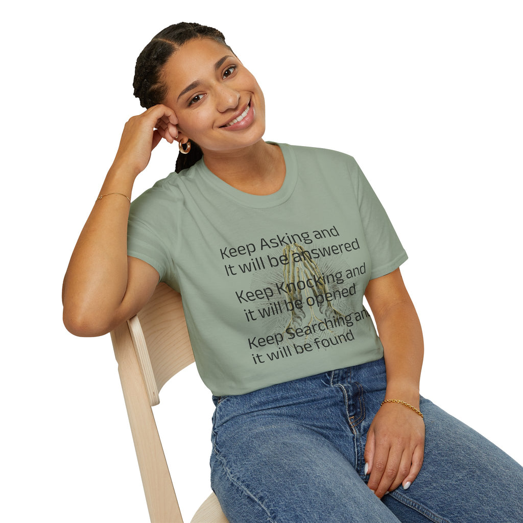 Motivational 'Keep Asking' Tee — Inspirational Quote T-Shirt with Gold Script A