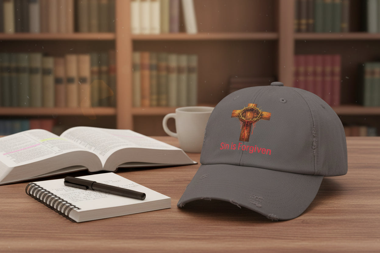 Forgiven Cross Distressed Cap — "Sin is Forgiven" Christian Baseball Hat