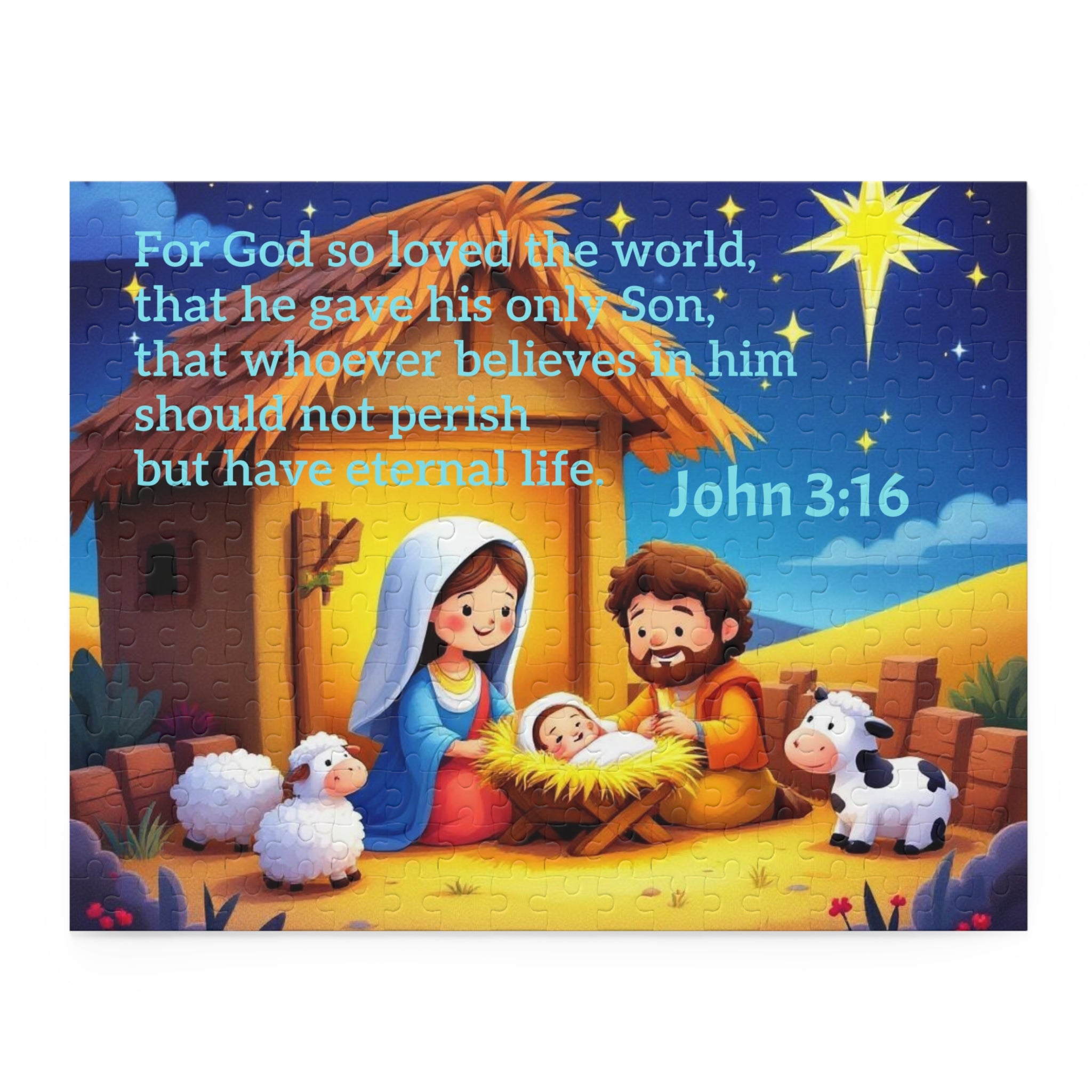 Nativity Puzzle with John 3:16 — Children’s Christmas Jigsaw (120/252/500 pcs)