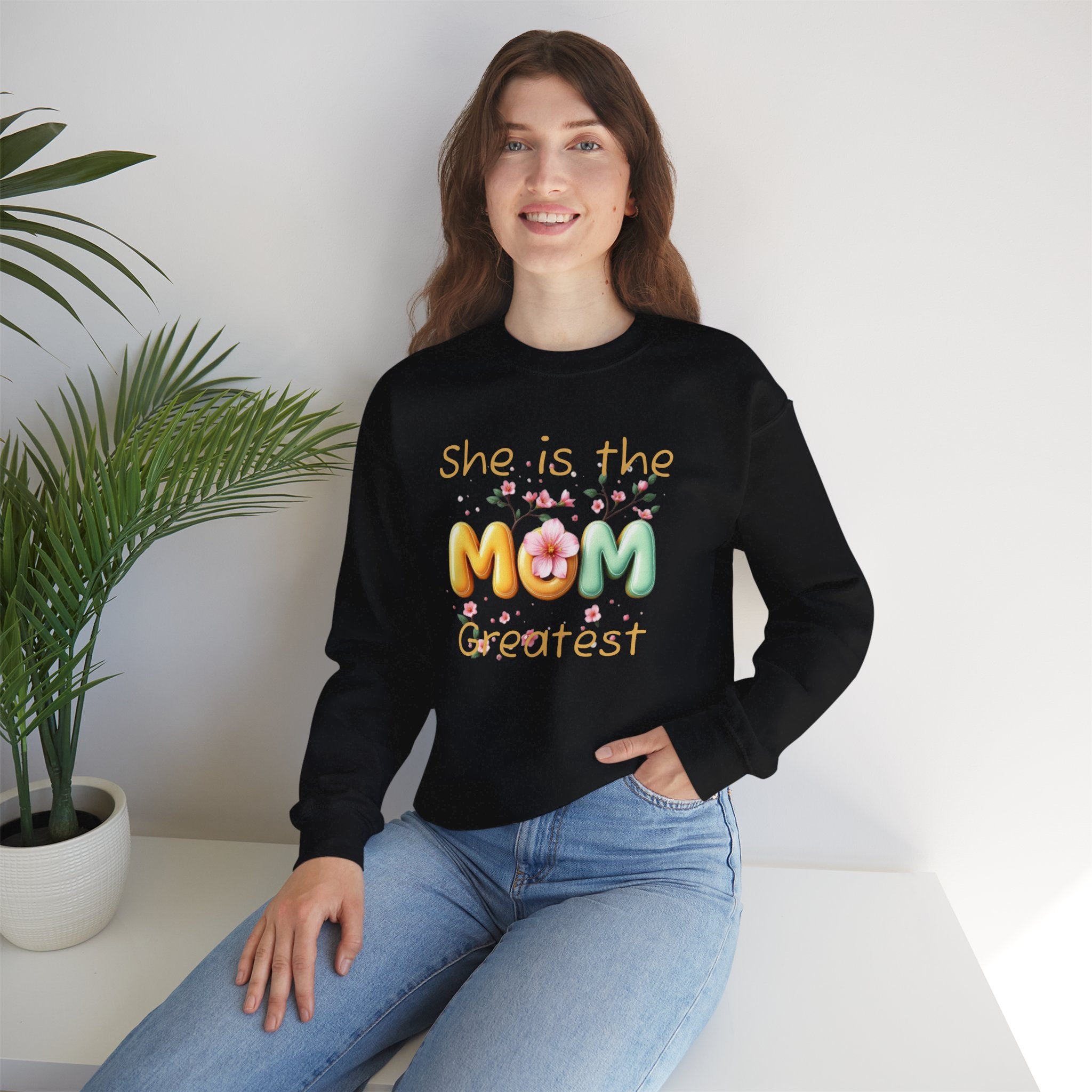 Greatest MOM Crewneck Sweatshirt — "She is the Greatest MOM" Floral Balloon Design
