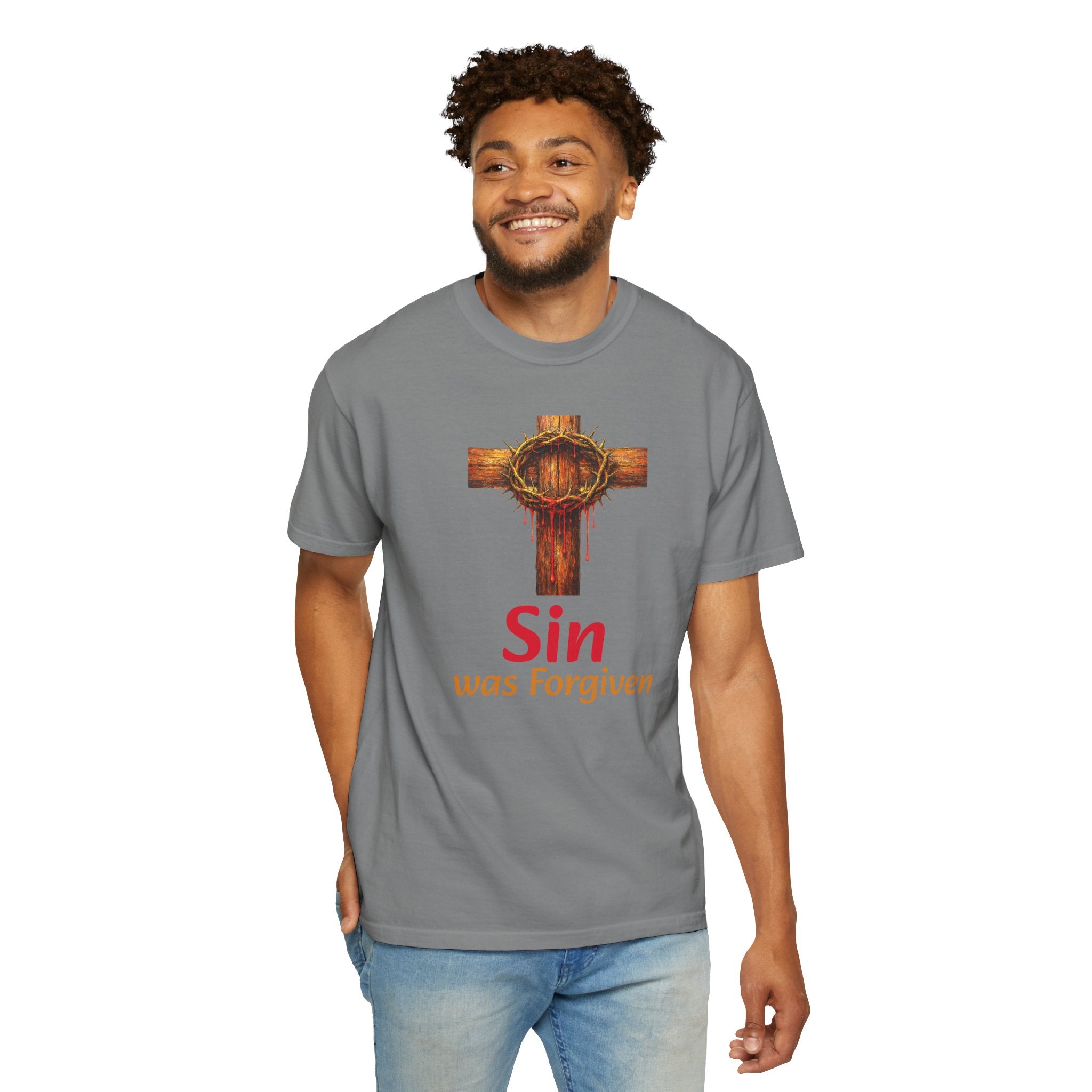 Christian Cross T-Shirt — "Sin Was Forgiven" Religious Faith Tee