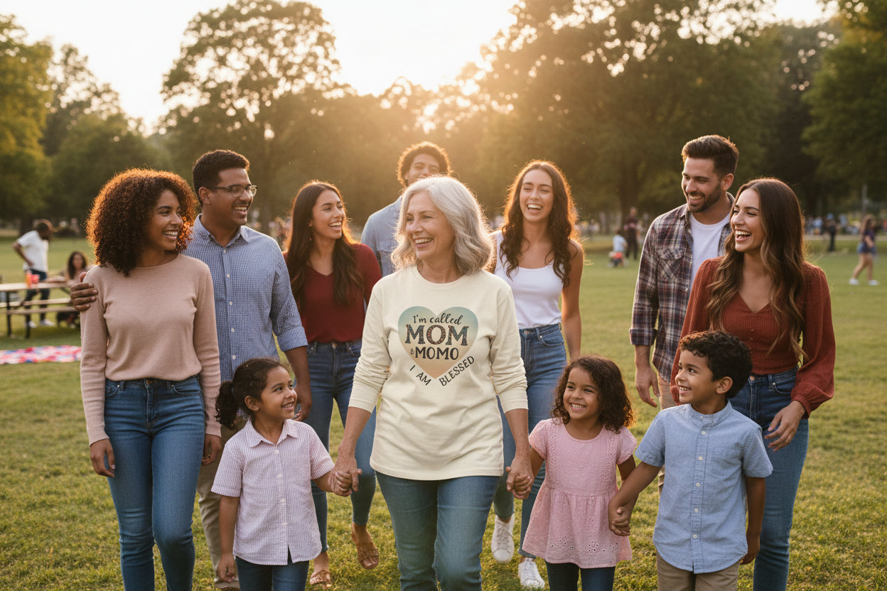 Mom & Momo Heart Long Sleeve Tee – “I’m Called Mom & Momo, I Am Blessed”