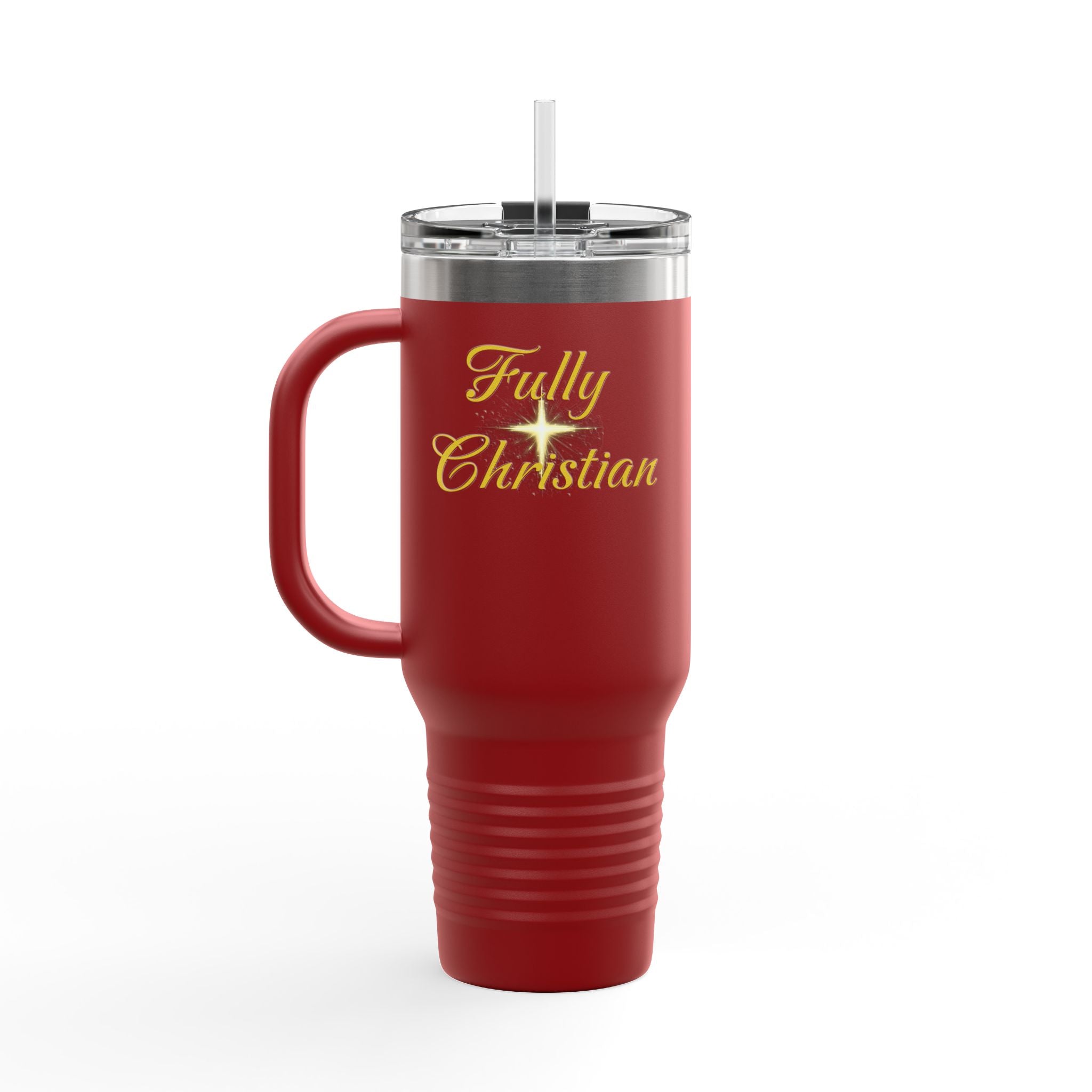Fully Christian 40oz Insulated Travel Mug – Large Red Tumbler with Handle & Straw
