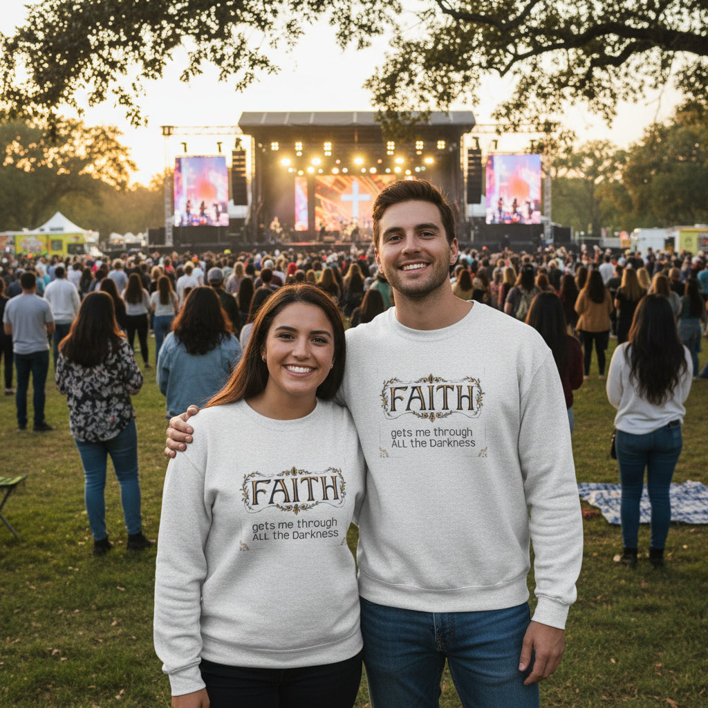 Faith Inspirational Crewneck Sweatshirt — "Faith Gets Me Through All the Darkness"