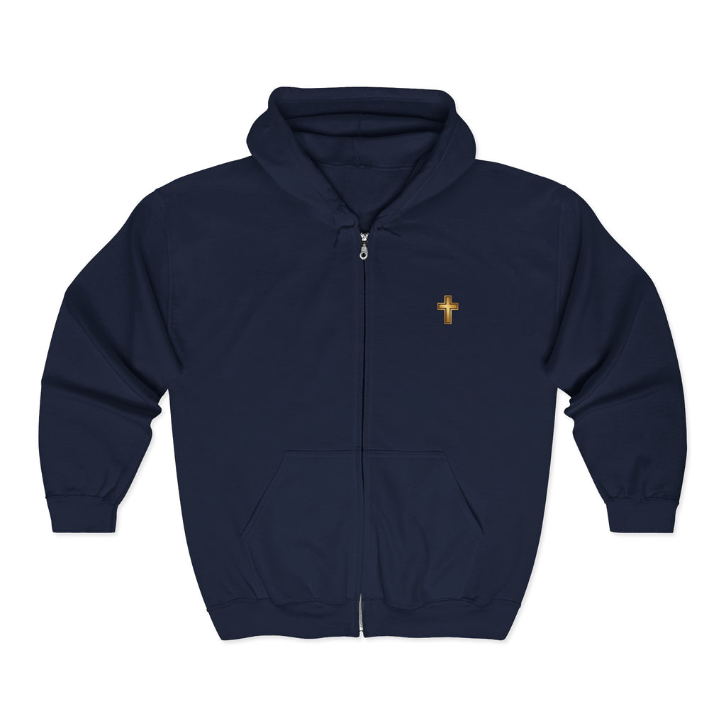 Faith-Inspired Full Zip Hoodie — Gold Cross & 'Constantly Praying' Scripture Back