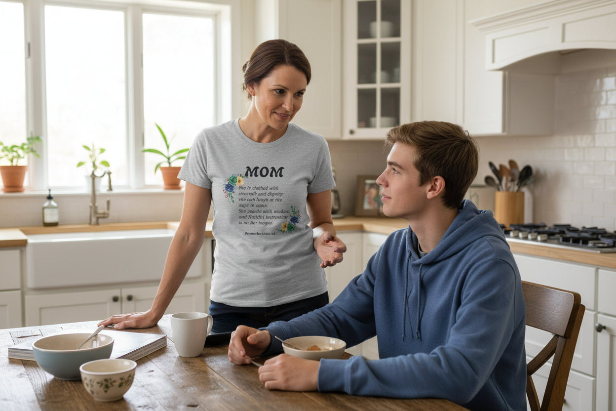 Mom Floral Scripture T-Shirt — Proverbs 31:25 Tribute Shirt