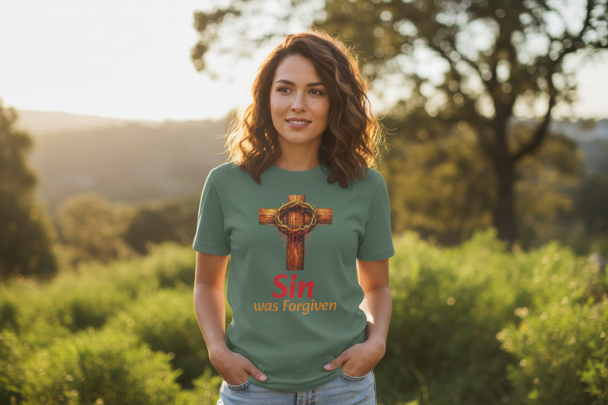 Christian Cross T-Shirt — "Sin Was Forgiven" Religious Faith Tee