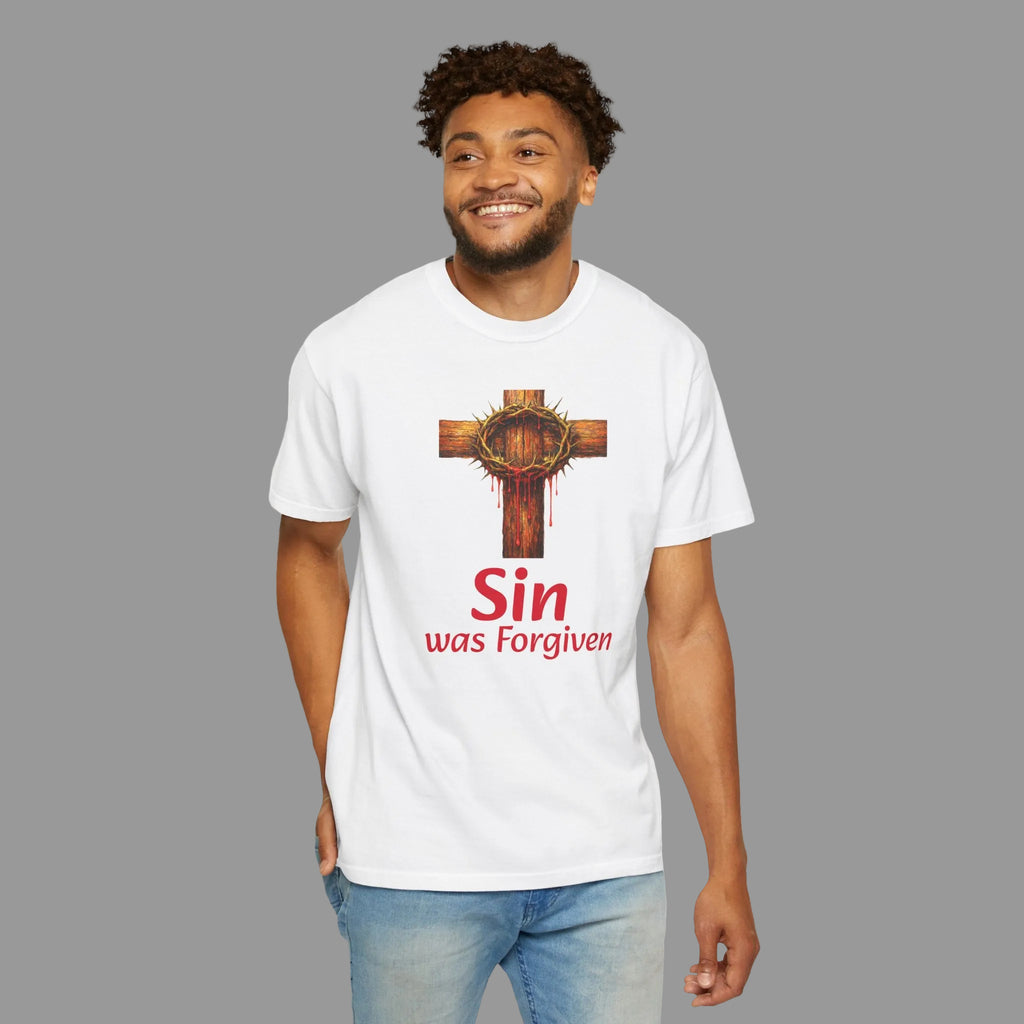 Christian Cross T-Shirt — "Sin Was Forgiven" Religious Faith Tee