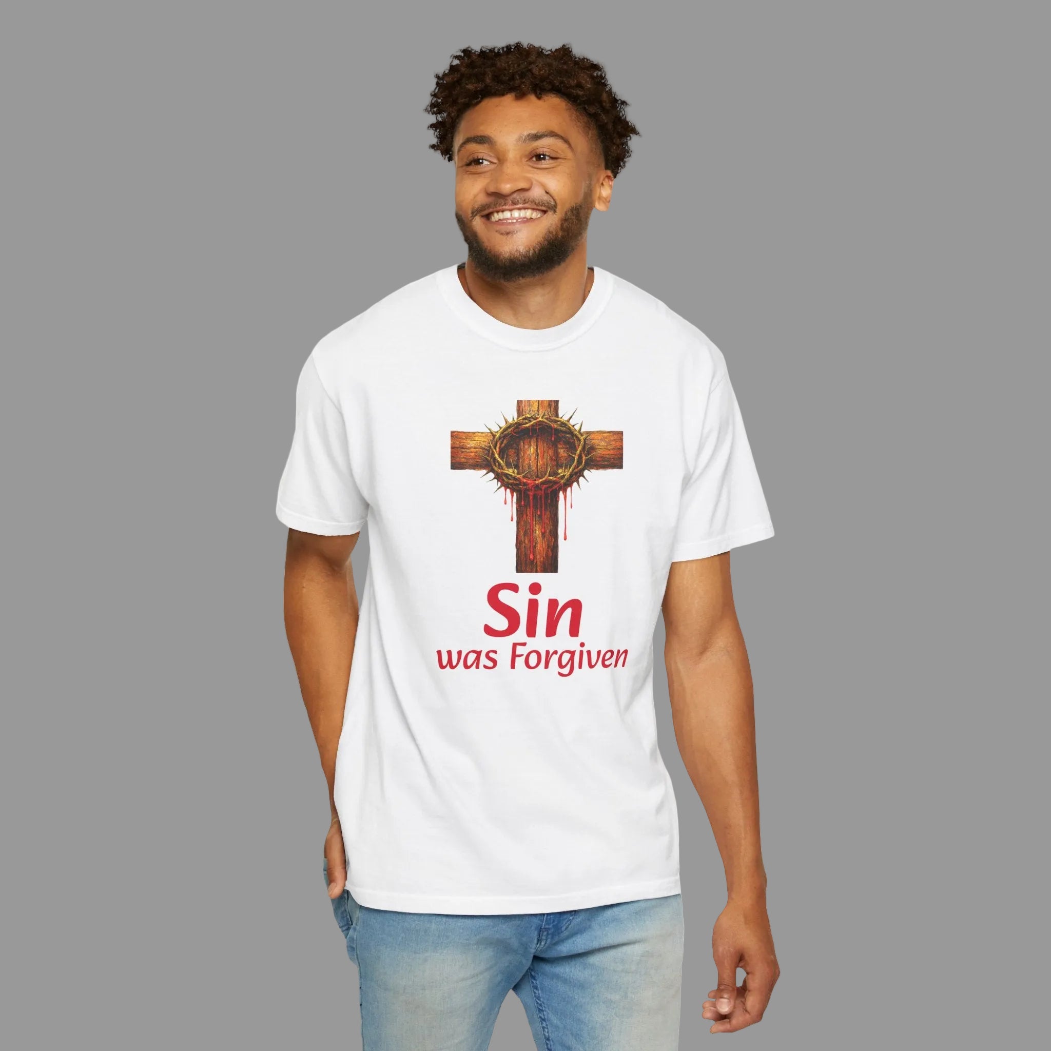 Christian Cross T-Shirt — "Sin Was Forgiven" Religious Faith Tee
