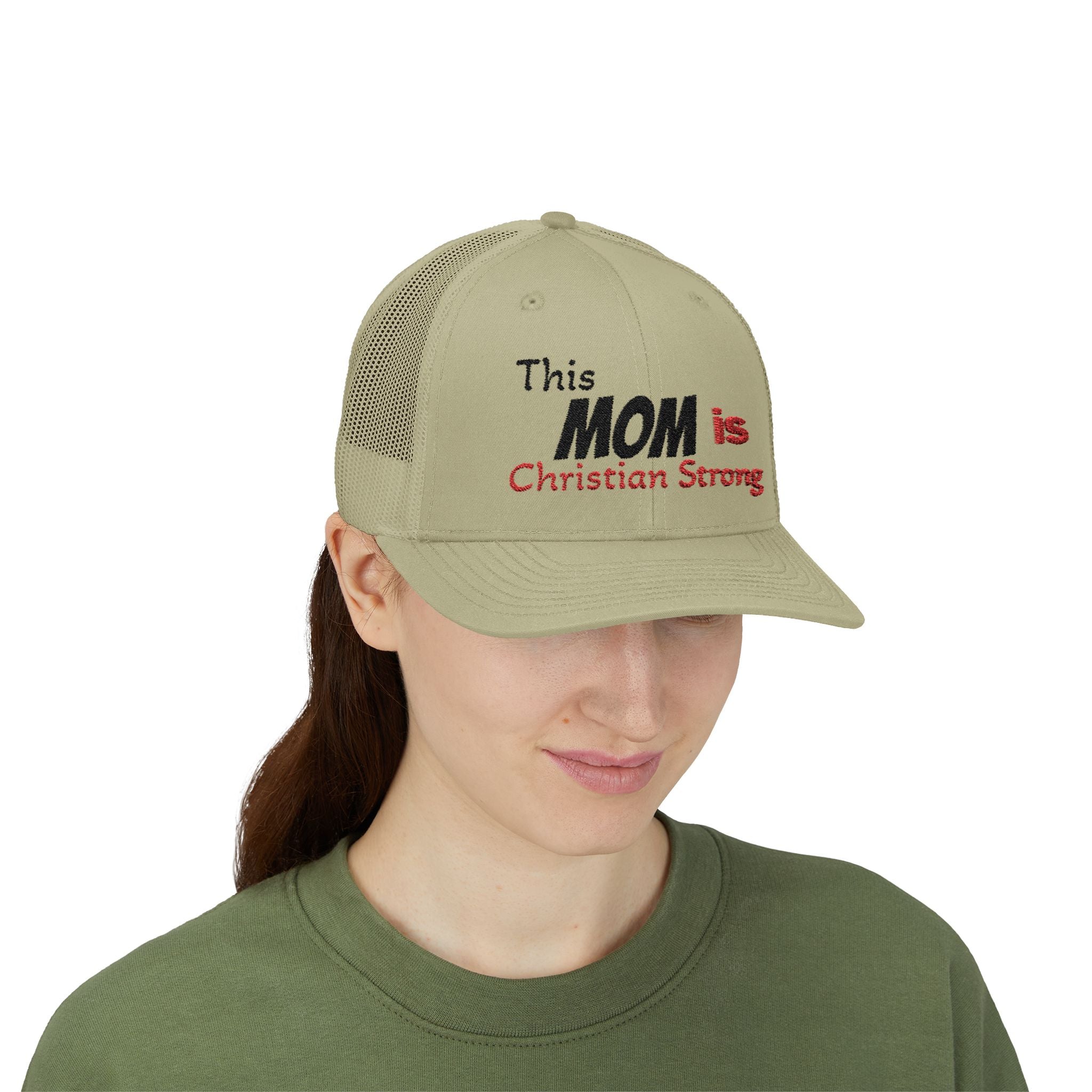 This Mom Is Christian Strong Embroidered Snapback Trucker Cap — Faith-Based Mom Hat