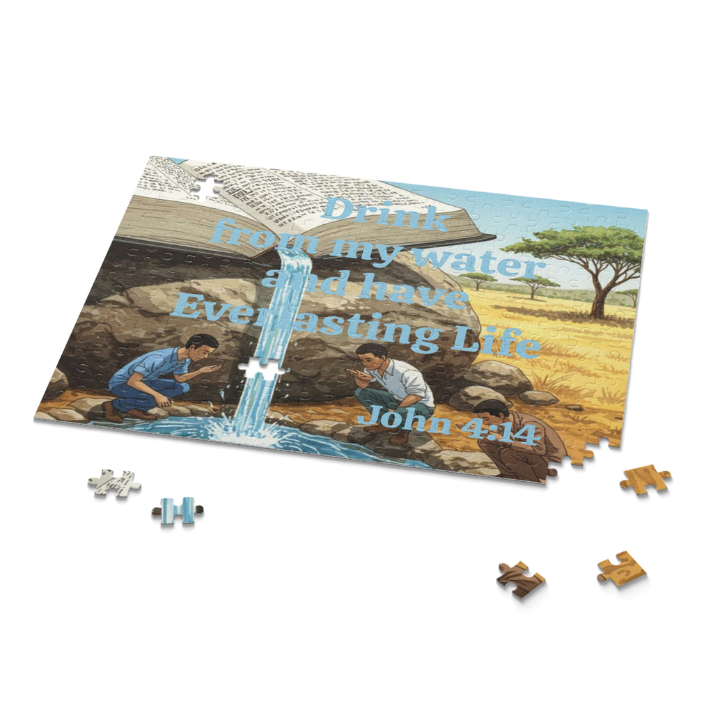 Christian Inspirational Puzzle — “Drink from my water and have Everlasting Life” (120–500 pcs) – Christian faith apparel & g
