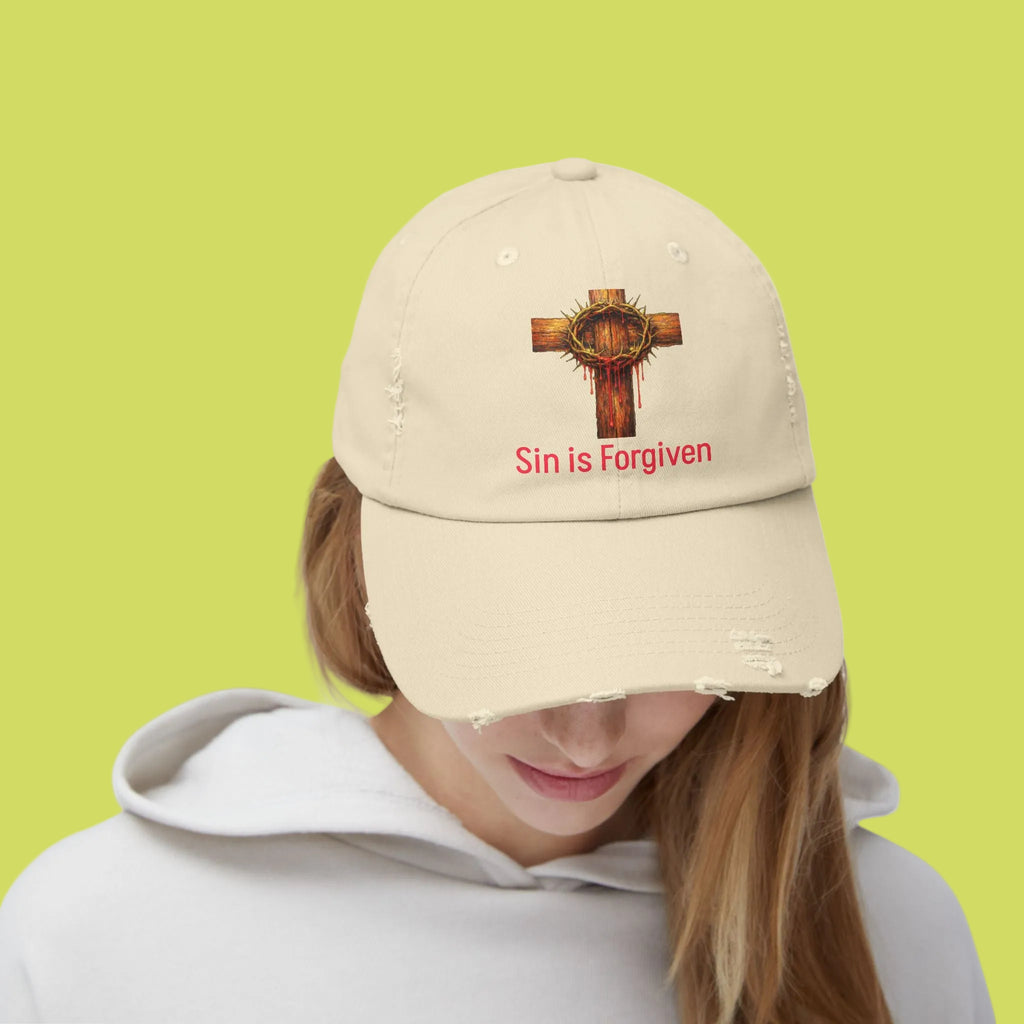 Forgiven Cross Distressed Cap — "Sin is Forgiven" Christian Baseball Hat