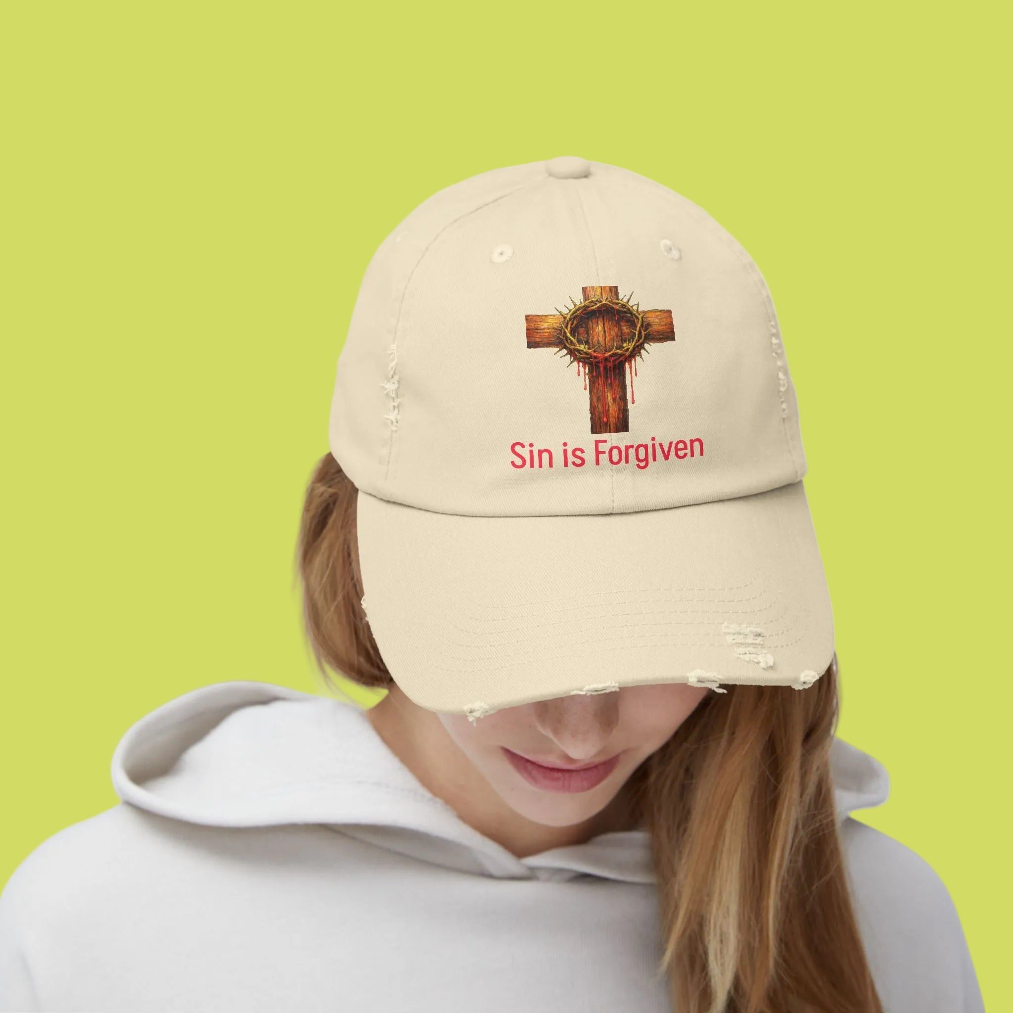 Forgiven Cross Distressed Cap — "Sin is Forgiven" Christian Baseball Hat