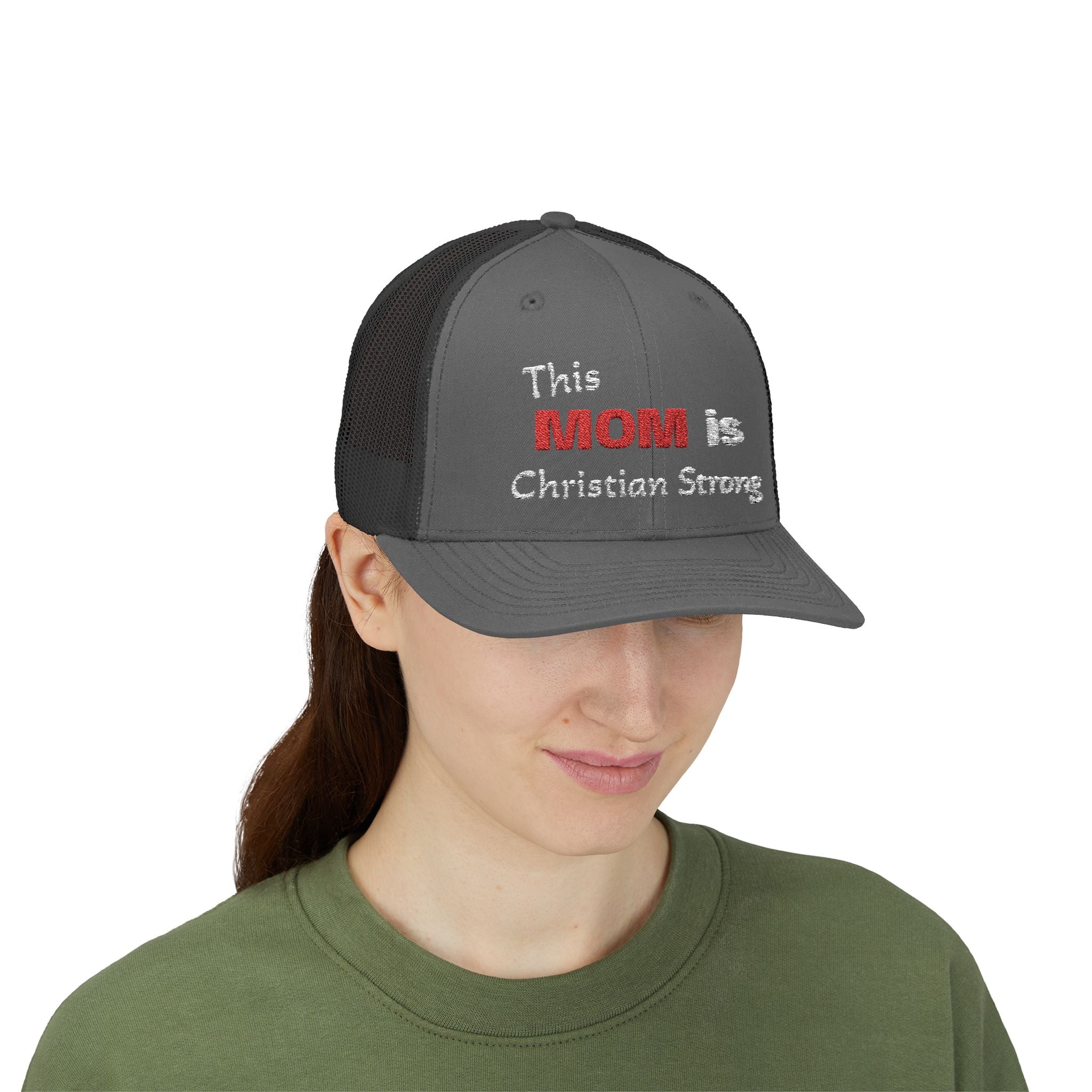 Christian Mom Trucker Cap — "This MOM is Christian Strong" Embroidered Snapback