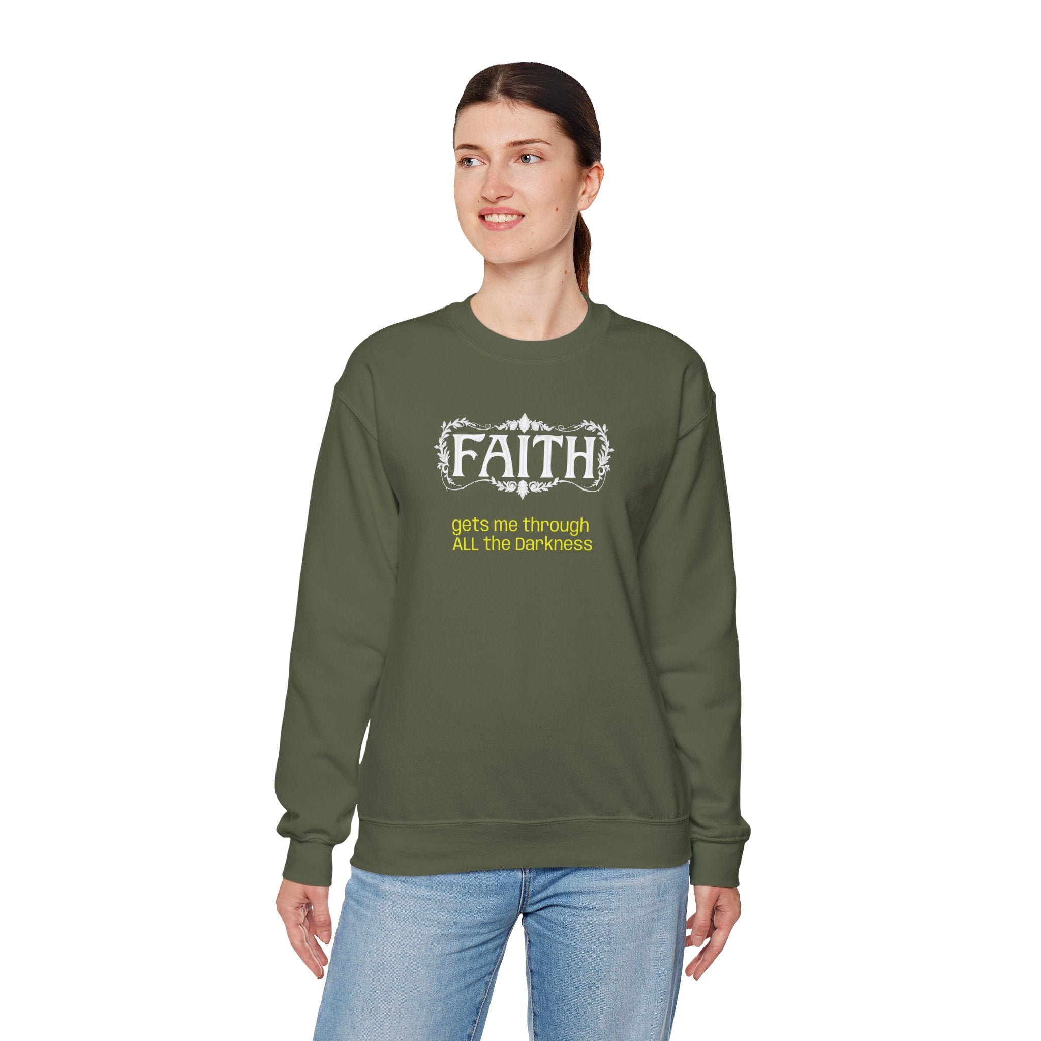 Faith Inspirational Crewneck Sweatshirt — "Faith Gets Me Through All the Darkness"
