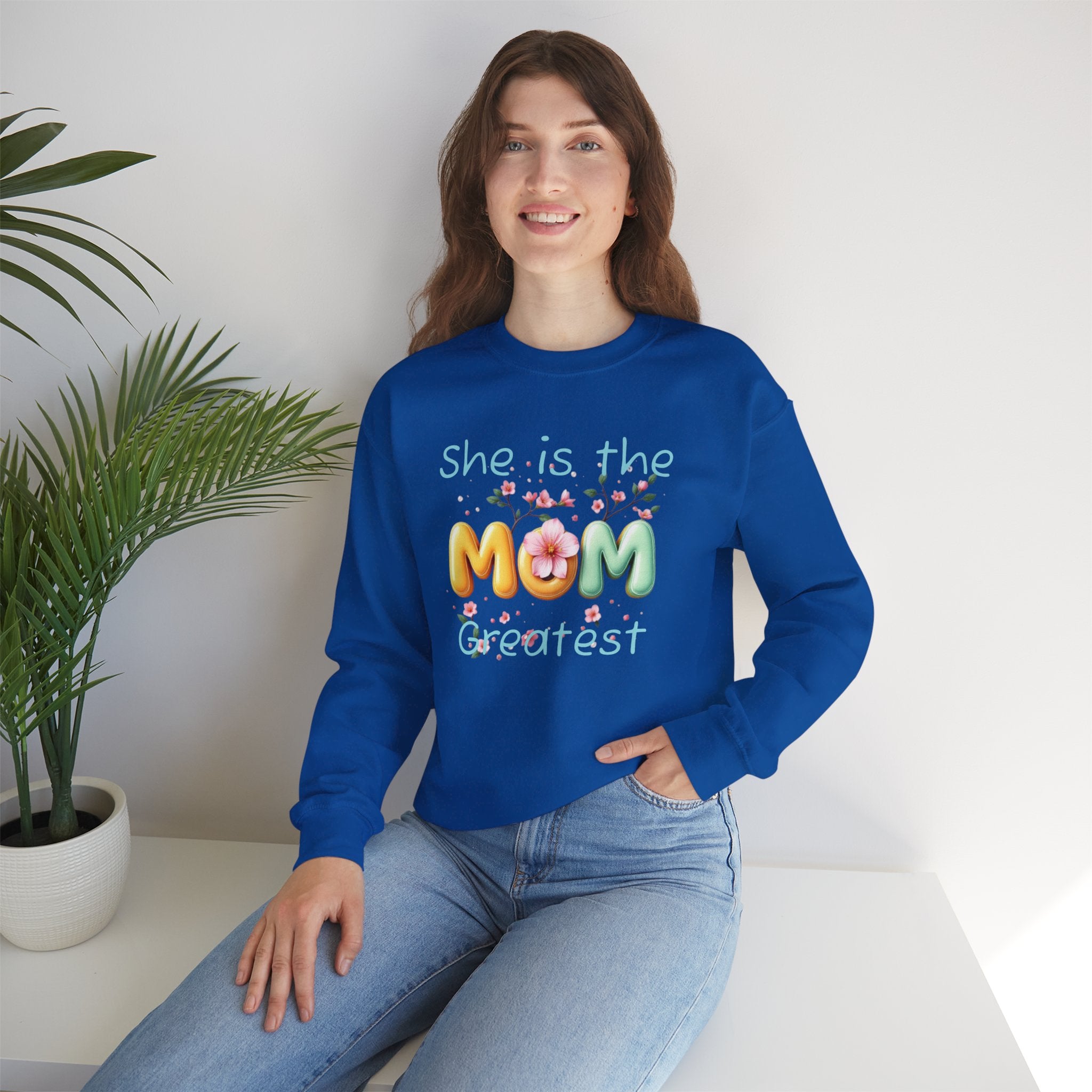 Greatest MOM Crewneck Sweatshirt — "She is the Greatest MOM" Floral Balloon Design