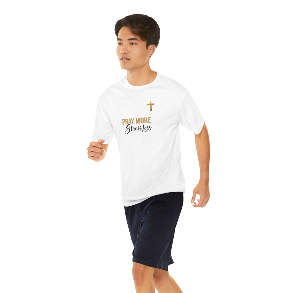Pray More Stress Less T‑Shirt — Men’s Faith Graphic Tee with Gold Cross – Christian faith apparel & gifts | Fully Christian 
