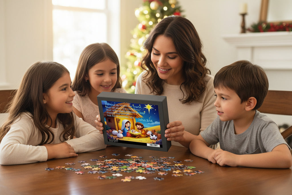 Nativity Puzzle with John 3:16 — Children’s Christmas Jigsaw (120/252/500 pcs)