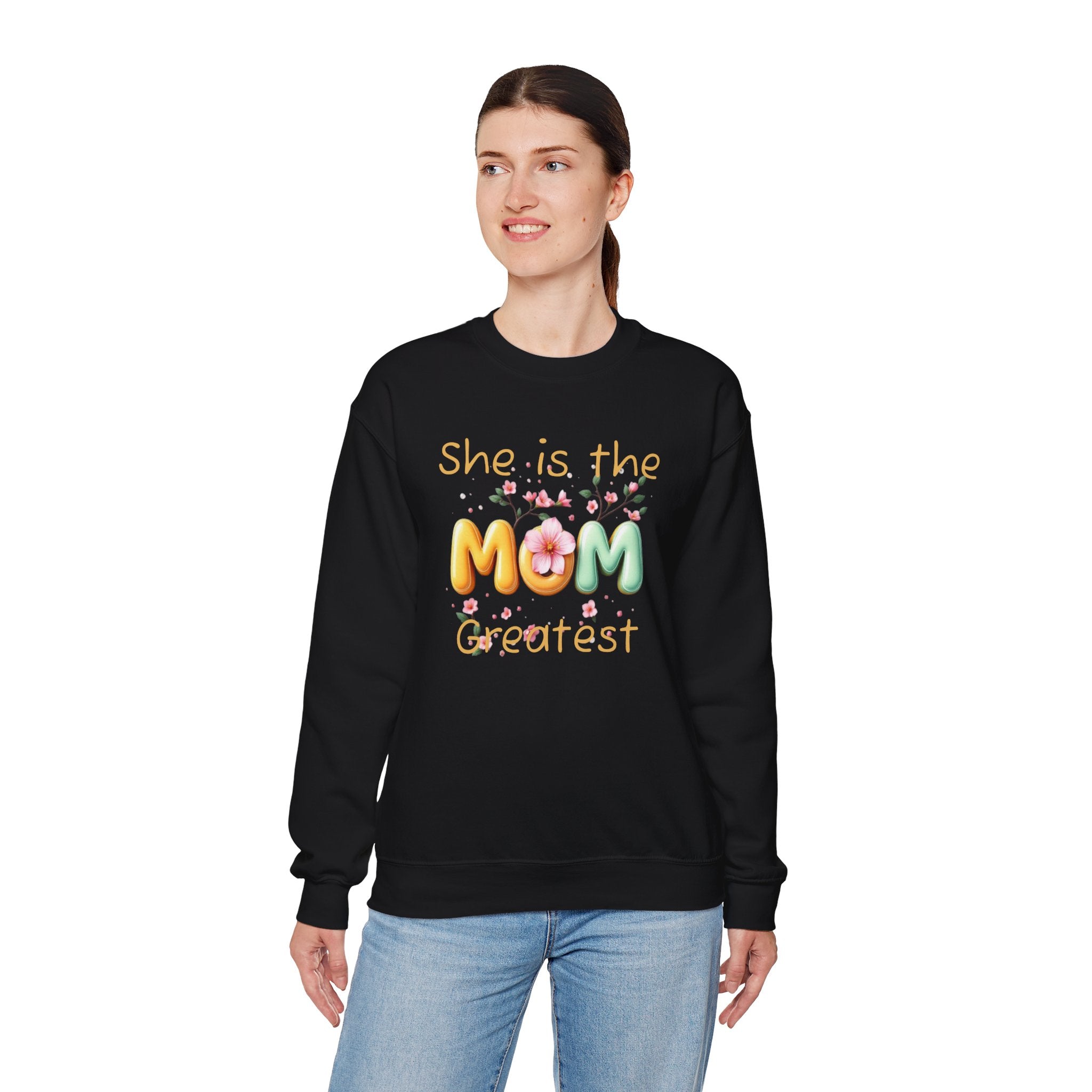 Greatest MOM Crewneck Sweatshirt — "She is the Greatest MOM" Floral Balloon Design