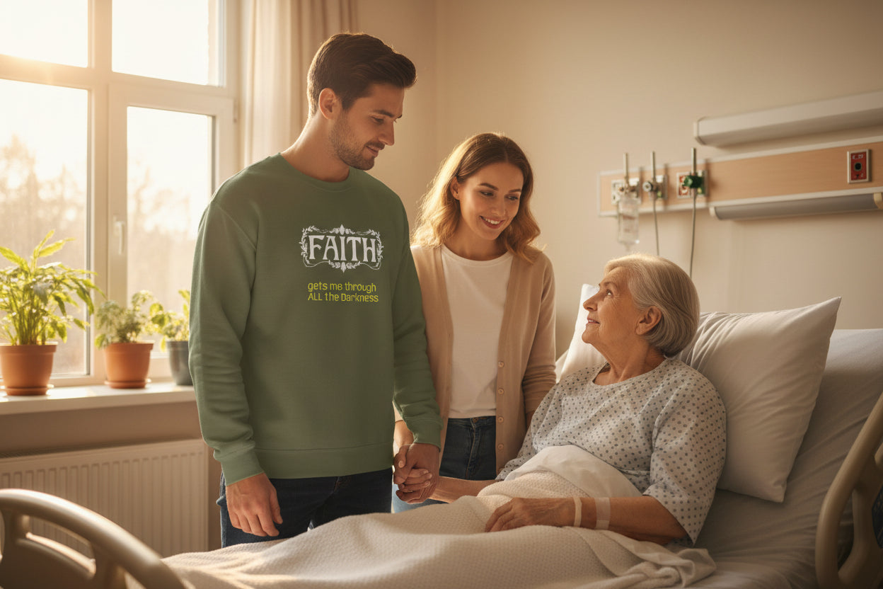Faith Inspirational Crewneck Sweatshirt — "Faith Gets Me Through All the Darkness"