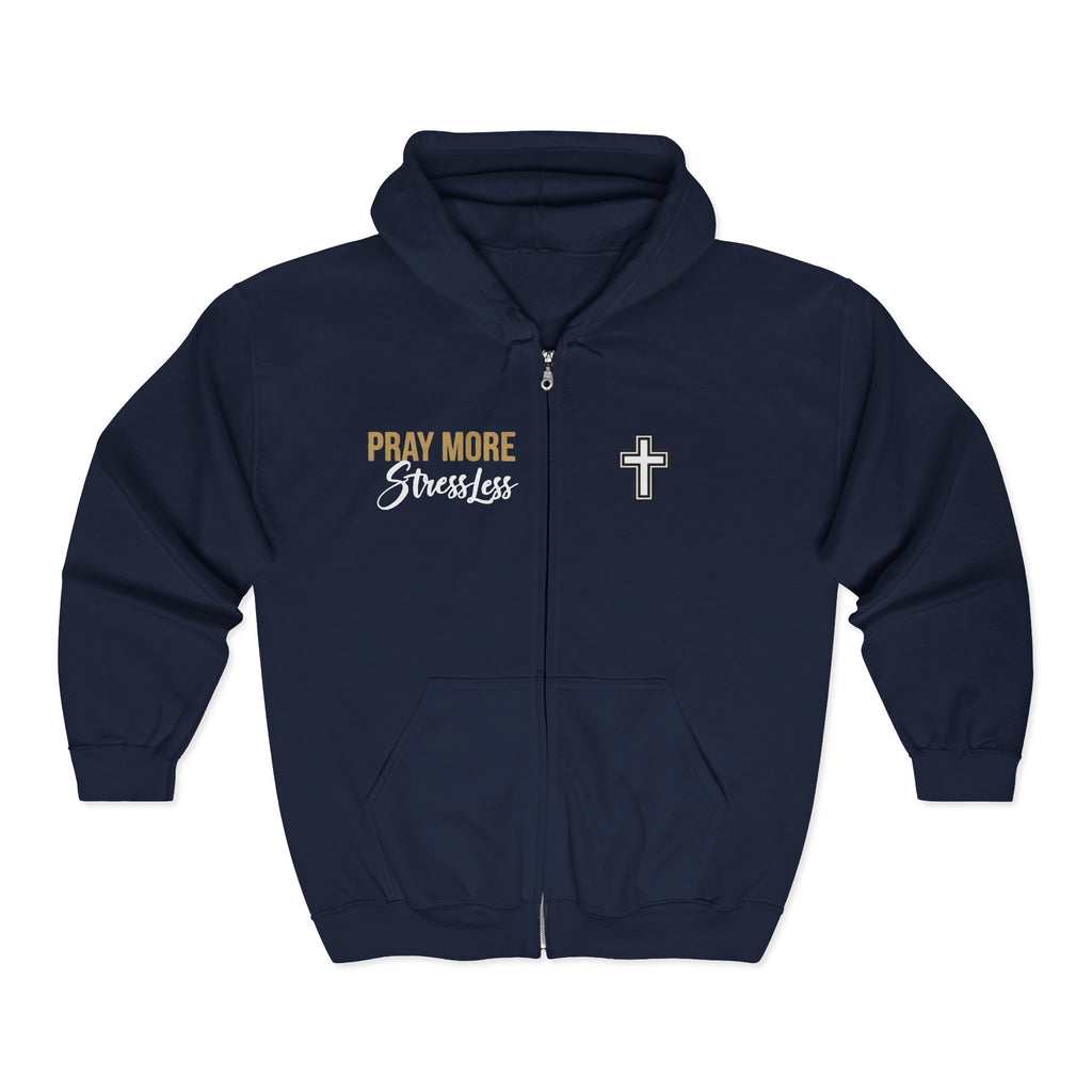 Pray More, Stress Less Zip-Up Hoodie — Christian Cross Full-Zip Sweatshirt