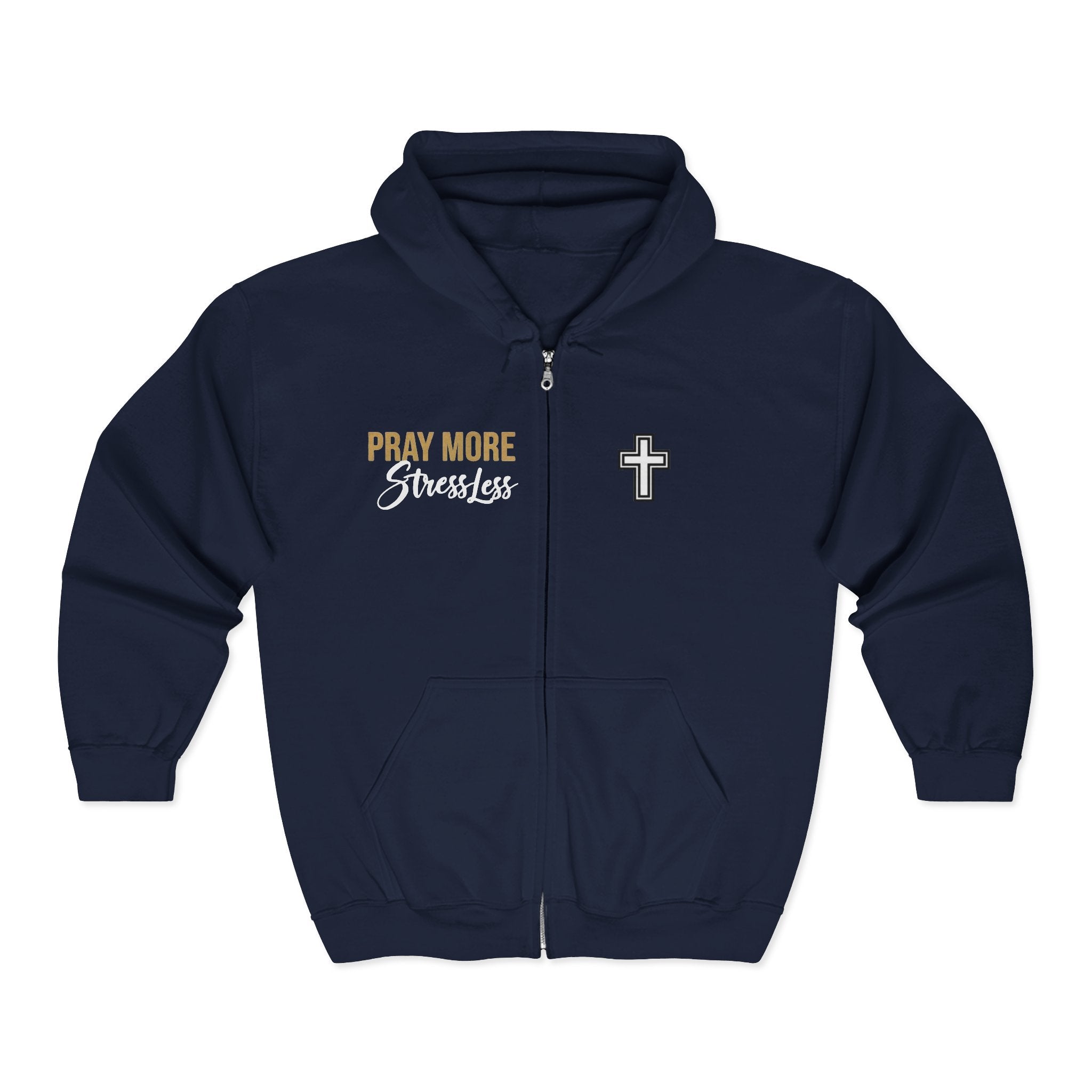 Pray More, Stress Less Zip-Up Hoodie — Christian Cross Full-Zip Sweatshirt