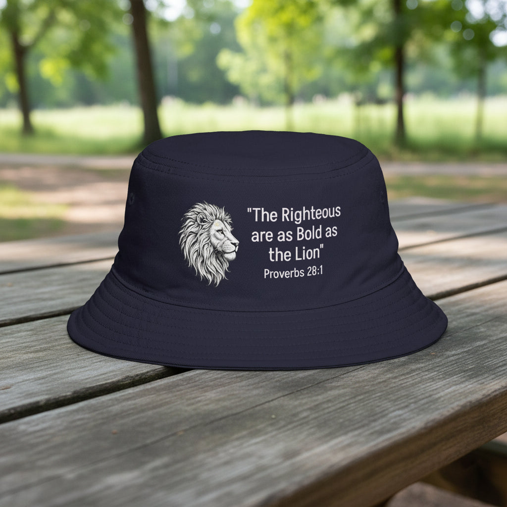 Bucket Hat — "The Righteous are as Bold as the Lion" Proverbs 28:1 Lion Graphic – Christian faith apparel & gifts | Fully Ch