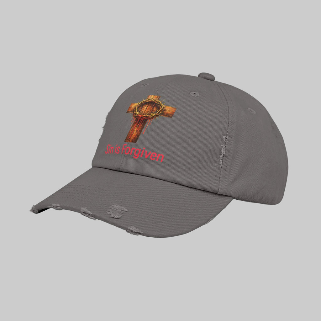 Forgiven Cross Distressed Cap — "Sin is Forgiven" Christian Baseball Hat