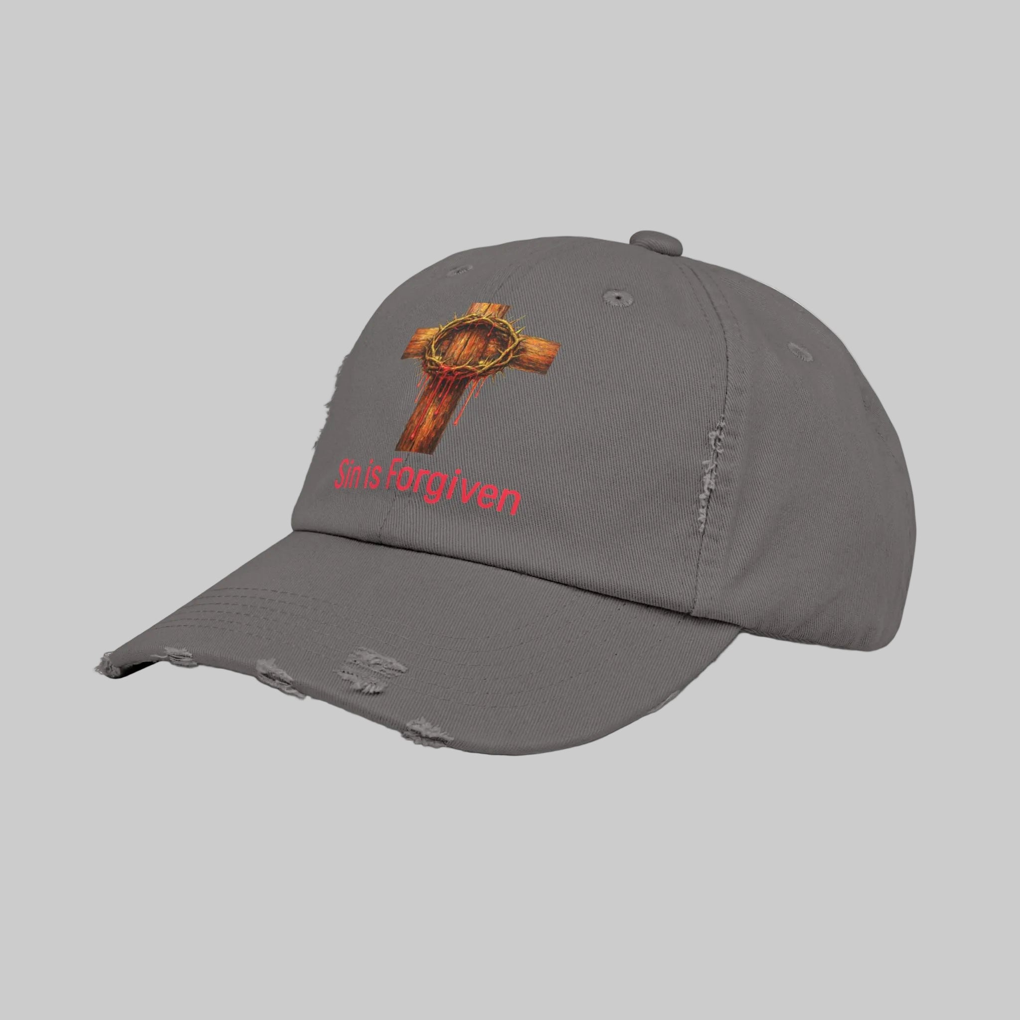Forgiven Cross Distressed Cap — "Sin is Forgiven" Christian Baseball Hat