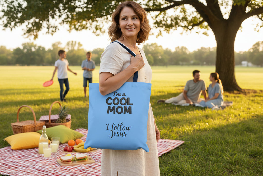 Cool Mom Tote Bag – "I Follow Jesus" Christian Faith Beach & Grocery Tote