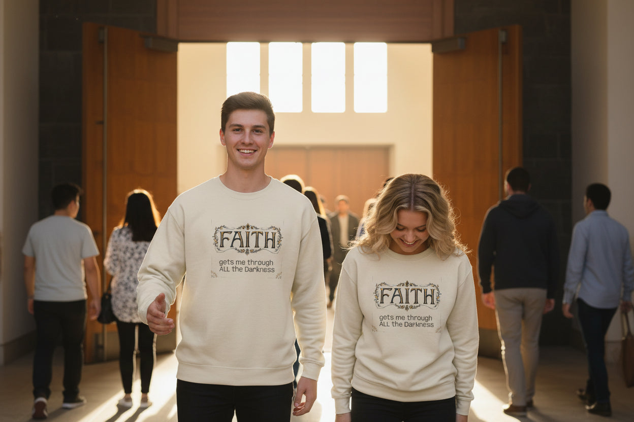Faith Inspirational Crewneck Sweatshirt — "Faith Gets Me Through All the Darkness"