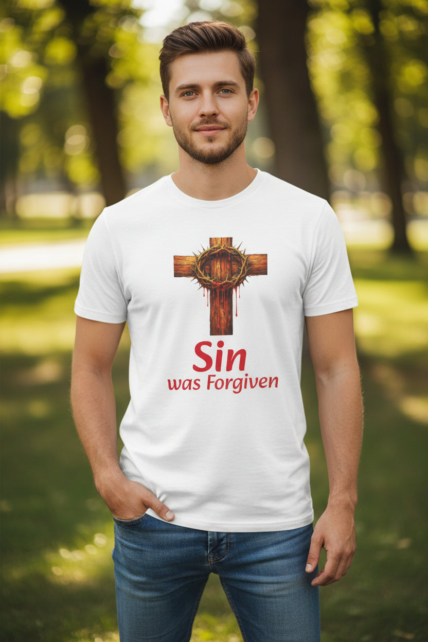 Christian Cross T-Shirt — "Sin Was Forgiven" Religious Faith Tee