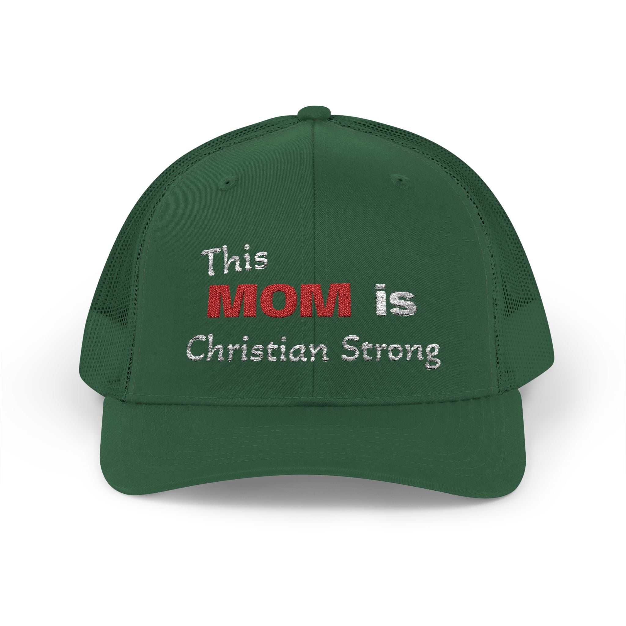 Christian Mom Trucker Cap — "This MOM is Christian Strong" Embroidered Snapback