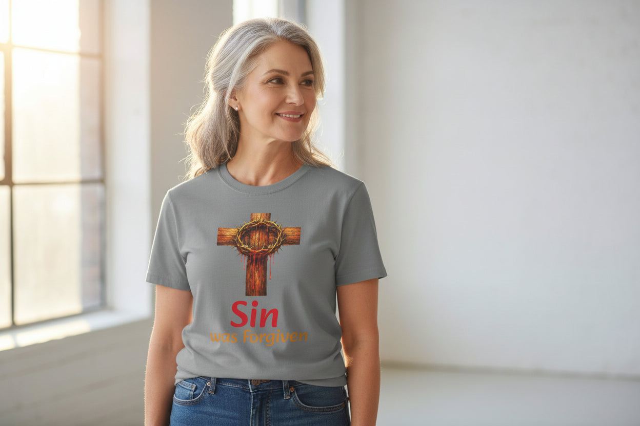 Christian Cross T-Shirt — "Sin Was Forgiven" Religious Faith Tee