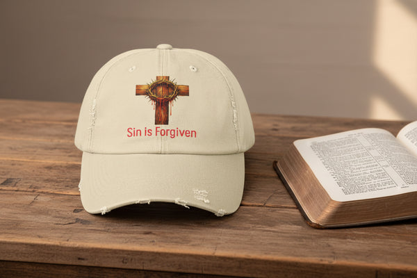 Forgiven Cross Distressed Cap — "Sin is Forgiven" Christian Baseball Hat