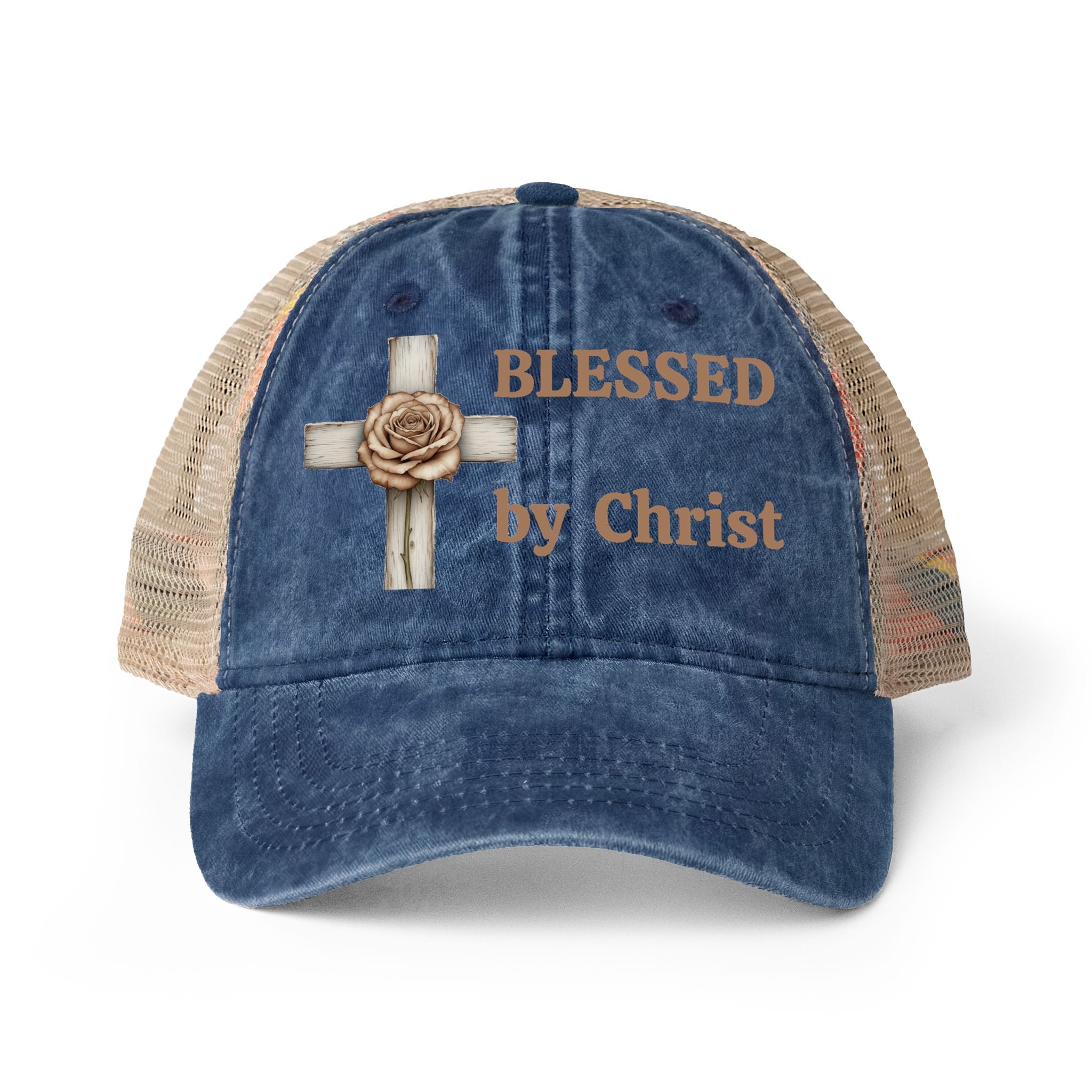 Blessed by Christ with Cross -Women's Washed Mesh-Back Cap