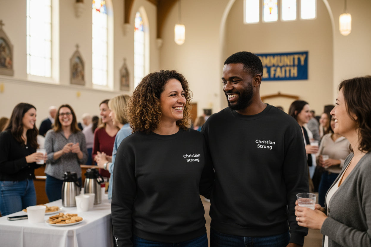 Embroidered Christian Strong Crewneck Sweatshirt — Faith-Inspired Graphic Pullover