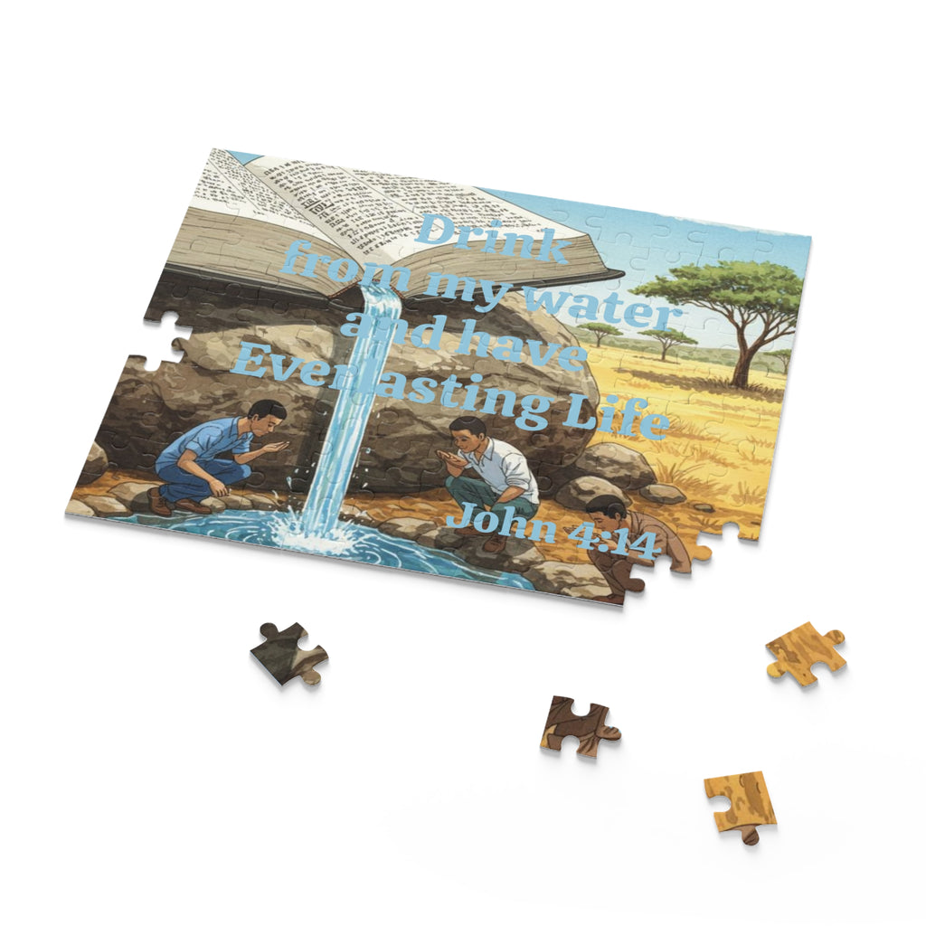 Christian Inspirational Puzzle — “Drink from my water and have Everlasting Life” (120–500 pcs) – Christian faith apparel & g